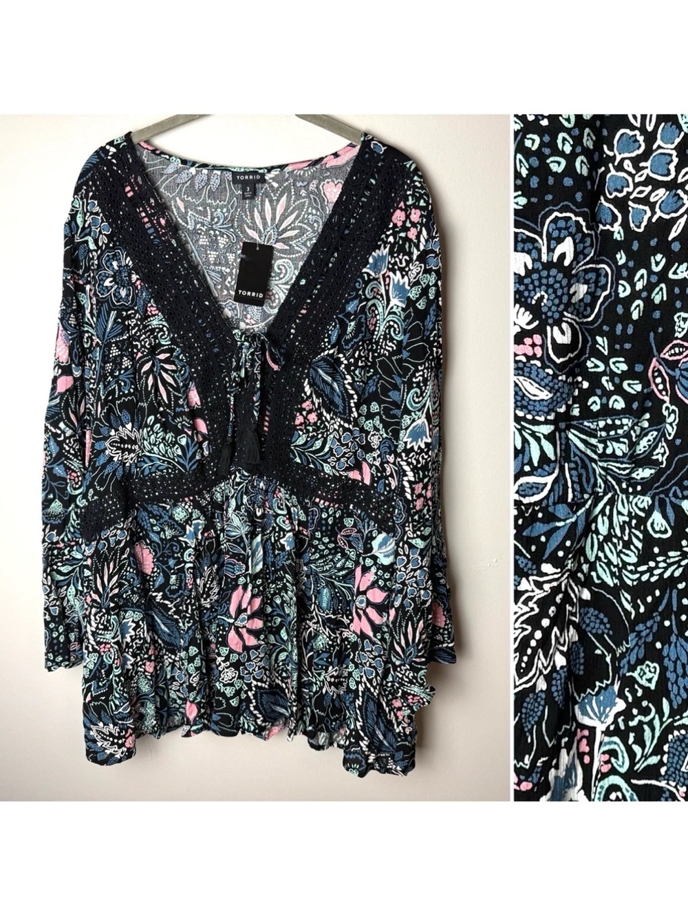 NEW Torrid Black Floral Babydoll Gauze Crochet Trim Lace-Up Top Plus Size 3X